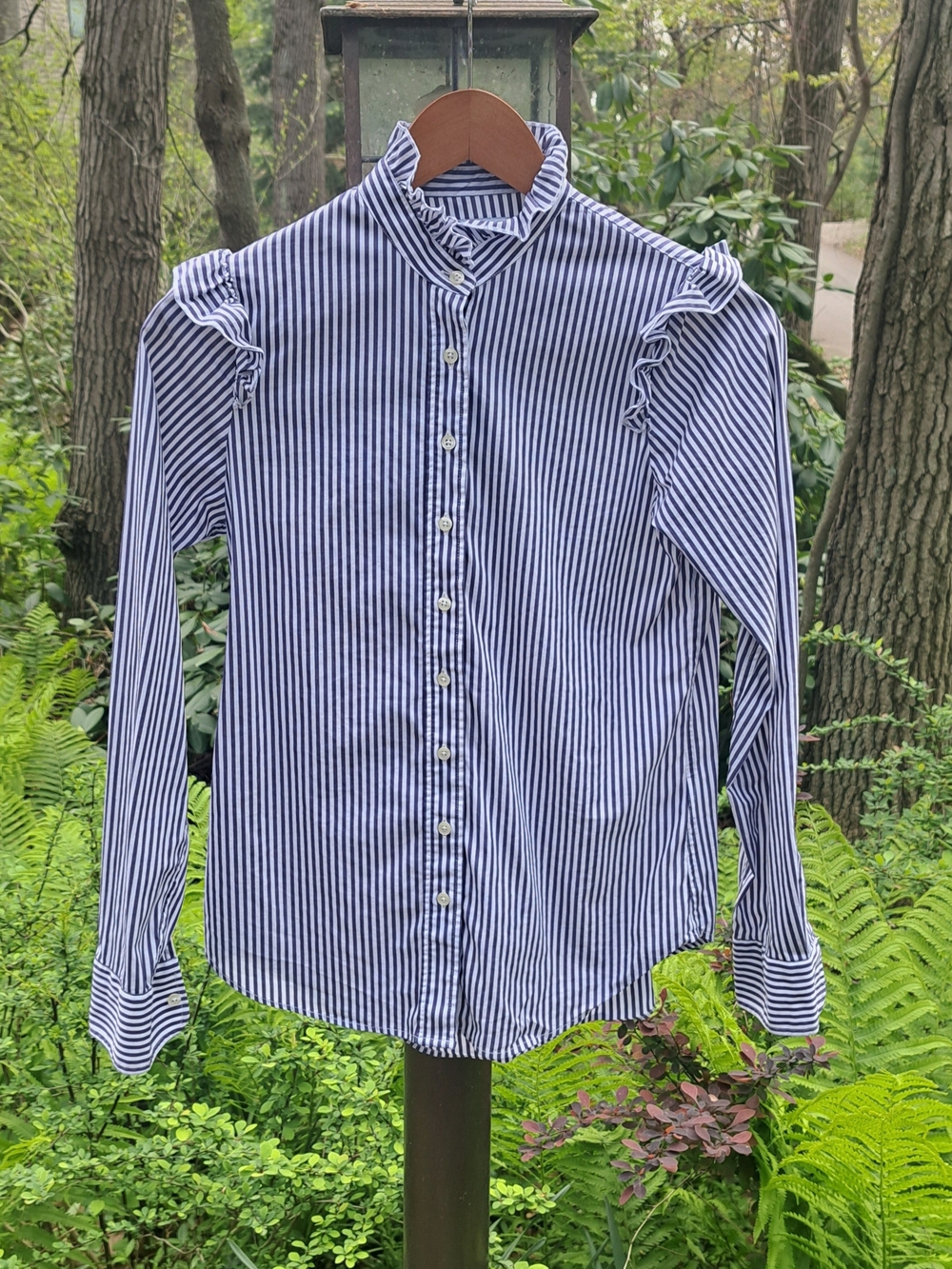 The Shirt by Rochelle Behrens Navy and White Striped Ruffle Blouse